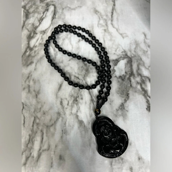 JADE obsidian Black  Hand Carved Maitreya Buddah Pendant Necklace - Picture 5 of 10